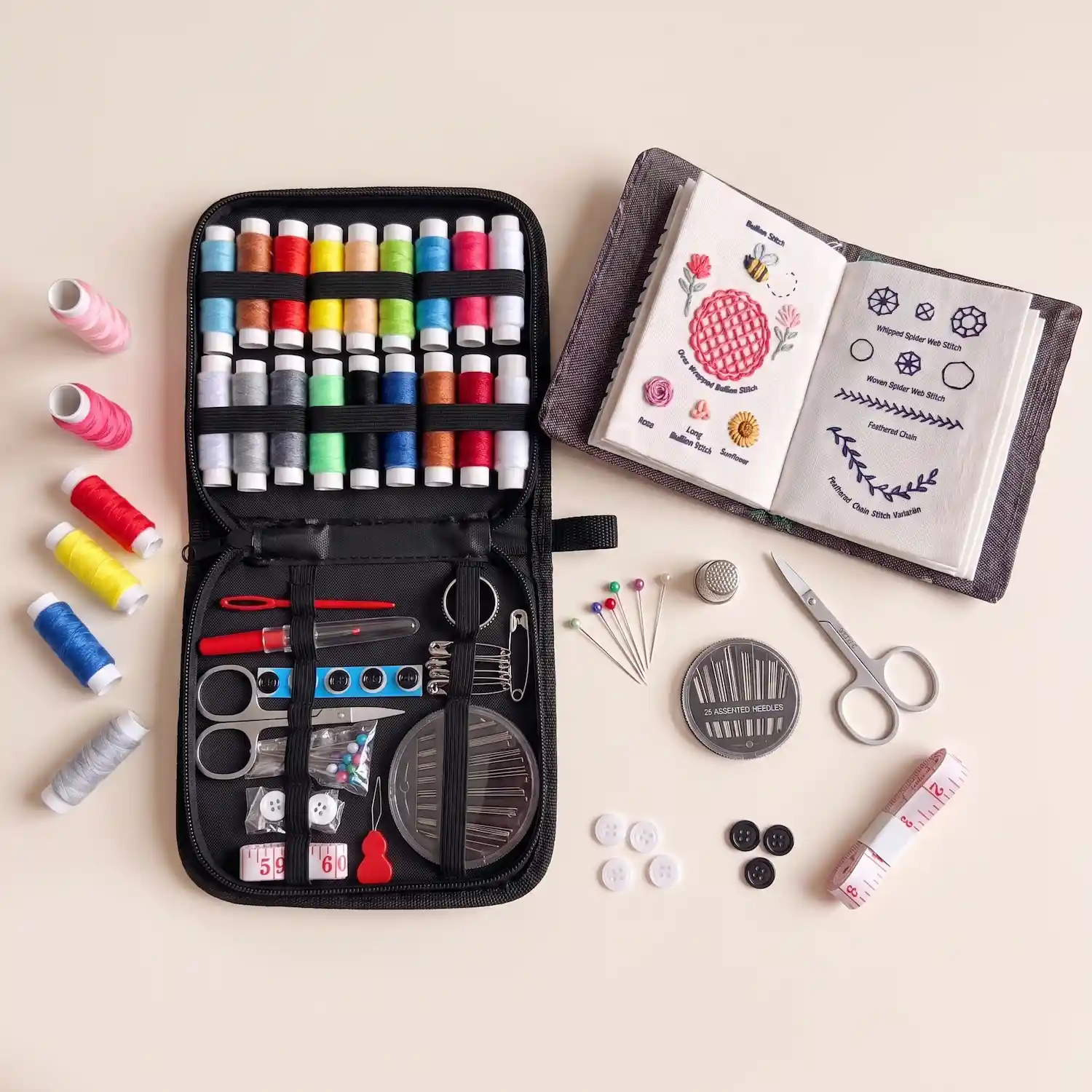 Vuslo Stitch Book with the full sewing kit laid out