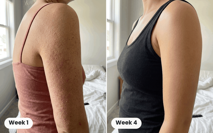 Soft, Smooth Arms Again in 4 to 12 Weeks: The Gentle Cream That Fixes Both Halves of Bumpy Skin 33 Customer before and after, Week 1 and Week 4