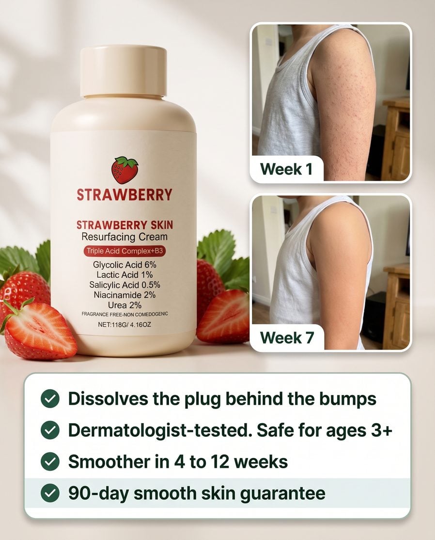 Soft, Smooth Arms Again in 4 to 12 Weeks: The Gentle Cream That Fixes Both Halves of Bumpy Skin 1 The Strawberry Skin Cream bottle on a bathroom shelf